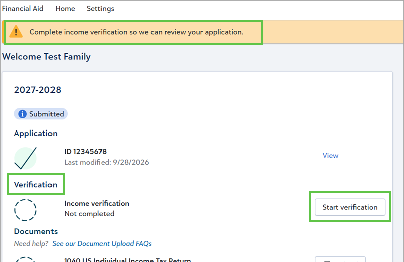 Financial Aid home page with banner and Verification sections for required IRS income veriffication.